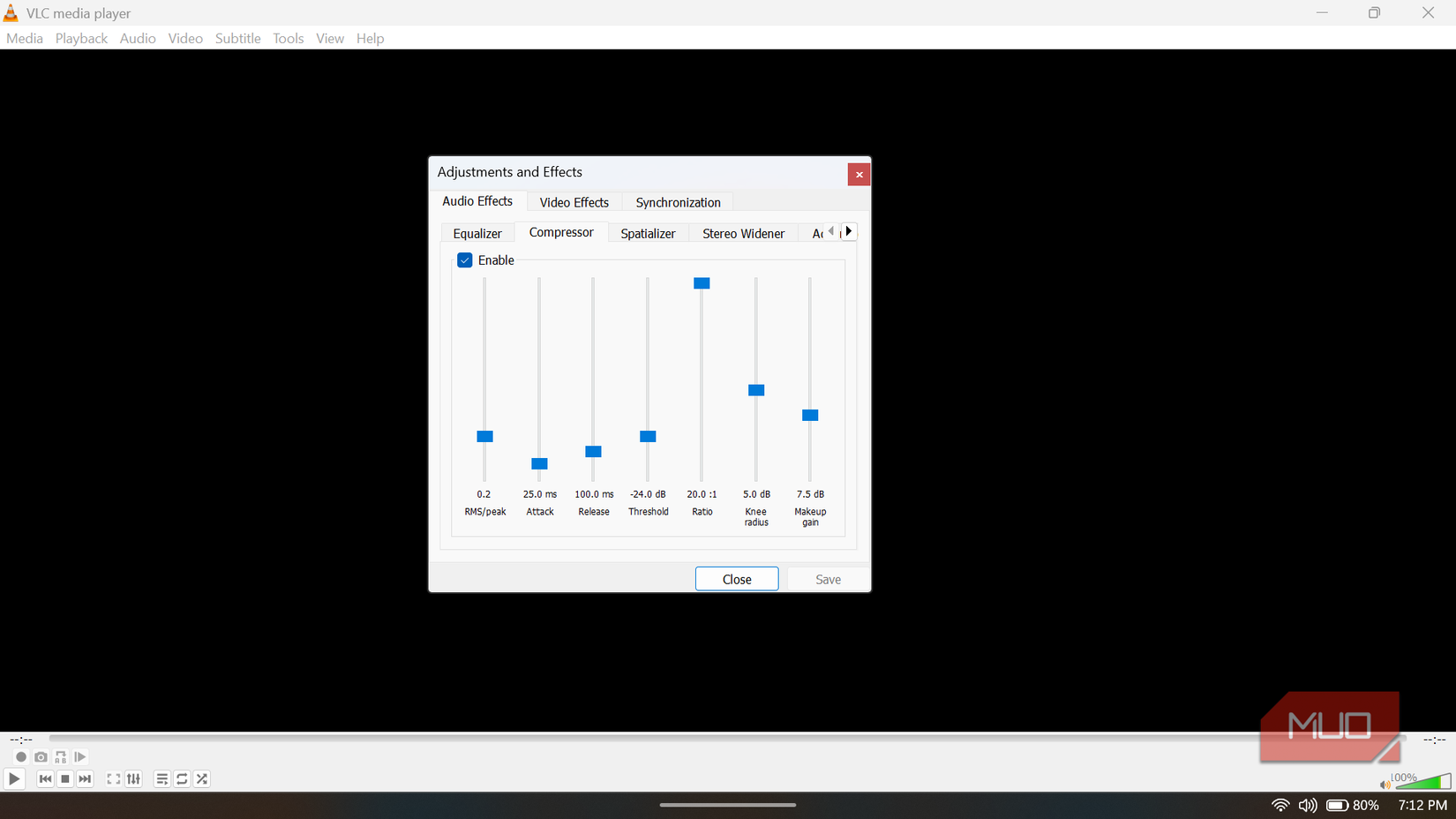VLC media player Audio Effects window showing the Compressor settings.