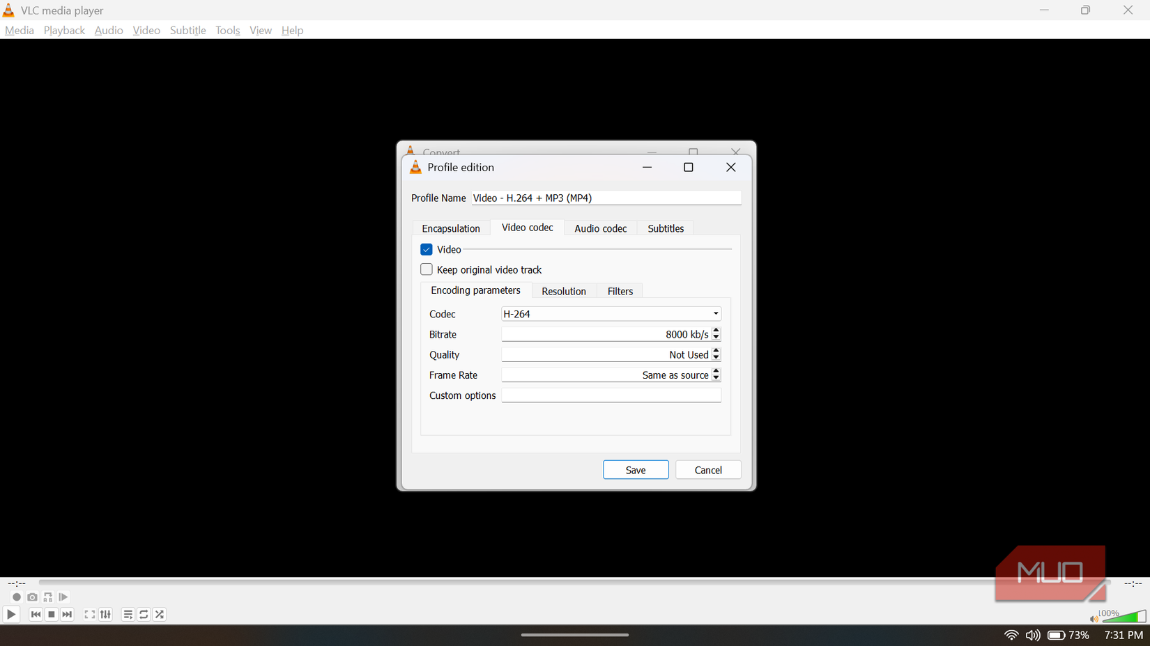 VLC Profile edition window displaying the Video codec tab with H-264 and 8000 kbs bitrate settings.