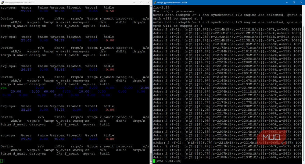 iostat output showing disk I/O metrics during stress test
