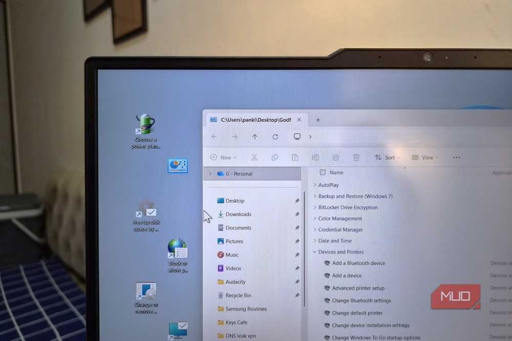 Desktop shortcuts created from God Mode provide one-click access to specific settings