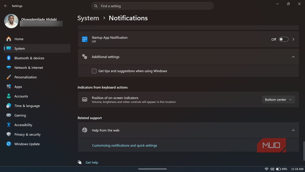 Notifications settings with tips and suggestions disabled