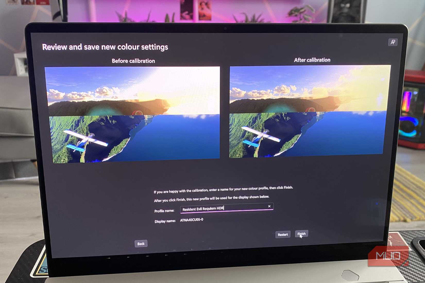 Windows 11 HDR calibration app on a gaming laptop