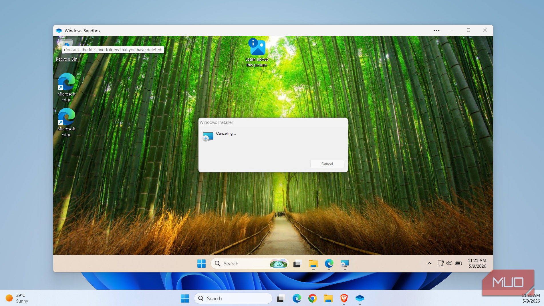 Windows Sandbox showing app installing dialog