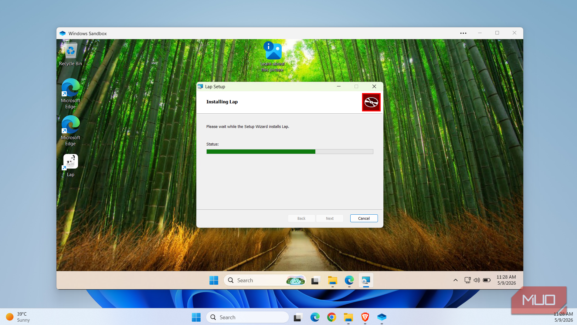 Windows Sandbox showing installation wizard