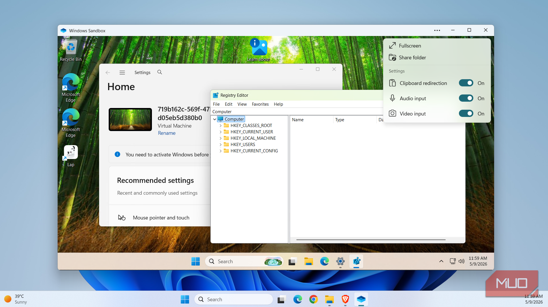 Windows Sandbox showing options