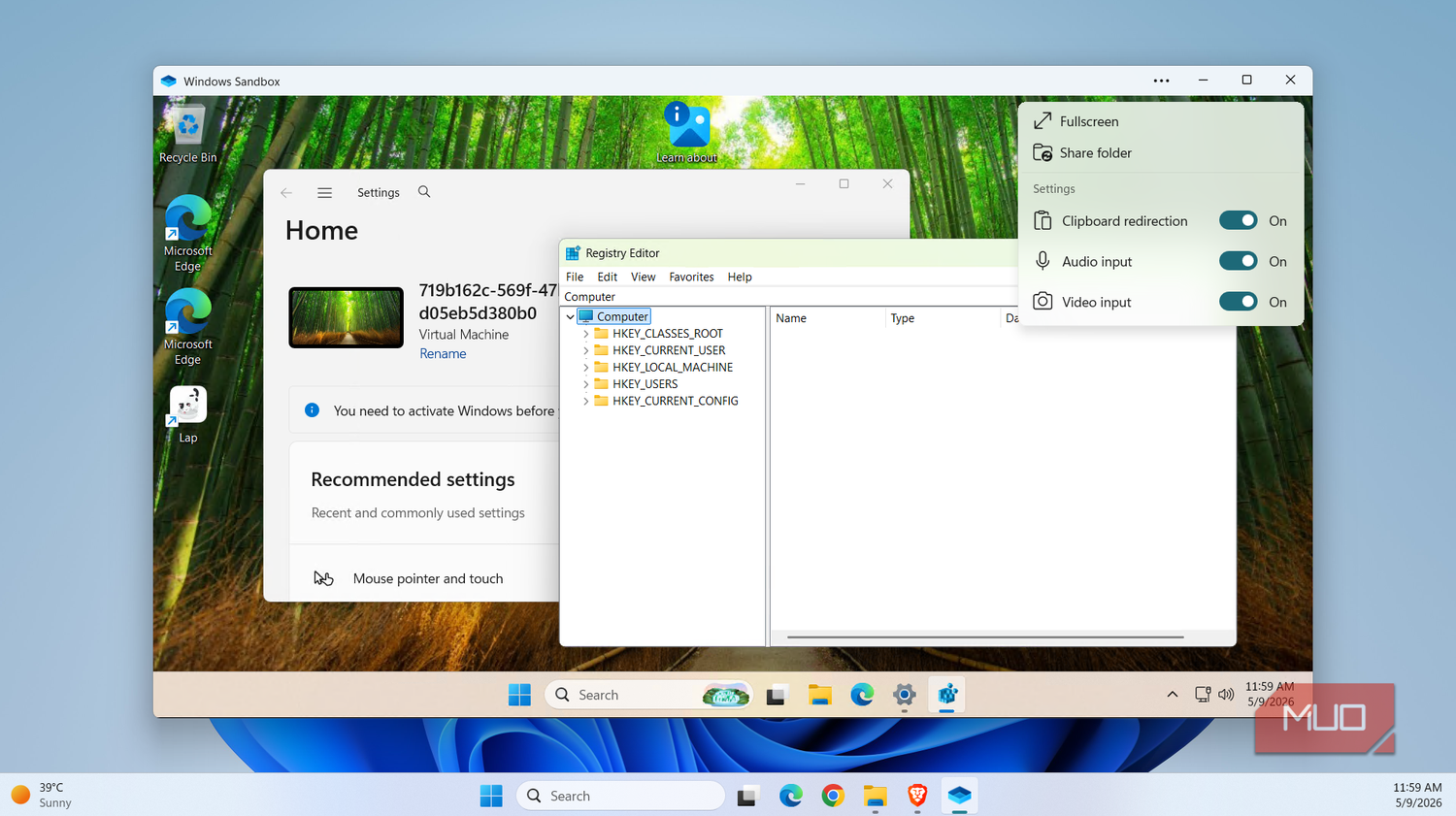 Windows Sandbox showing options