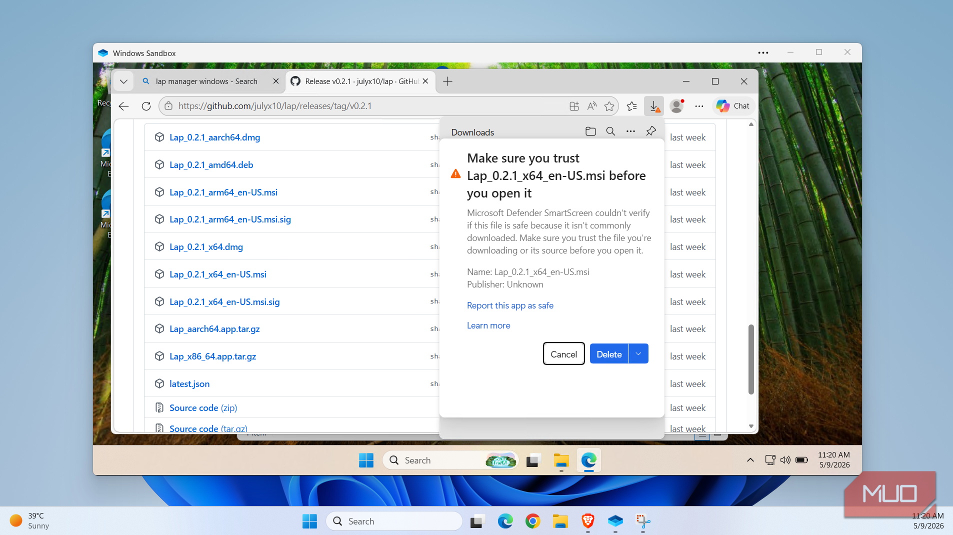 Windows Sandbox showing warning message in Edge