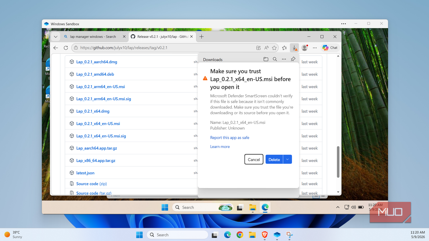 Windows Sandbox showing warning message in Edge