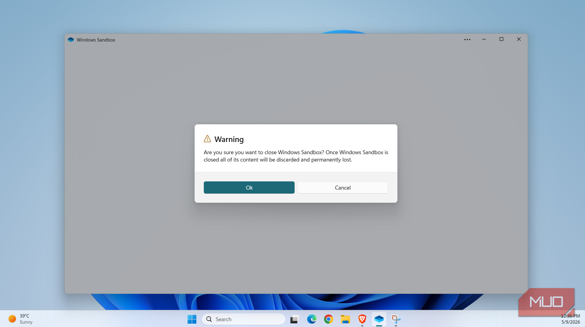 Windows Sandbox warning dialog