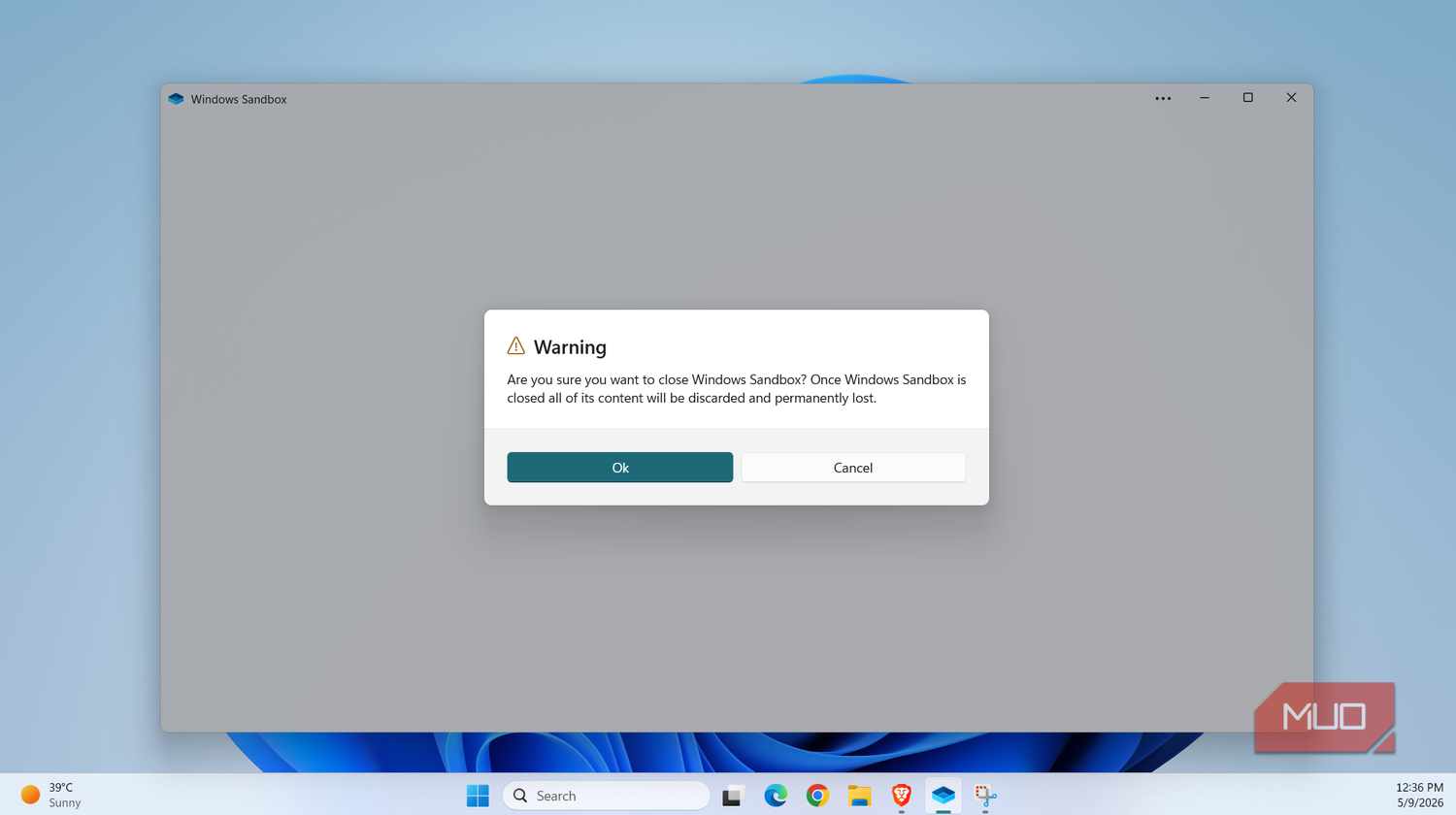 Windows Sandbox warning dialog