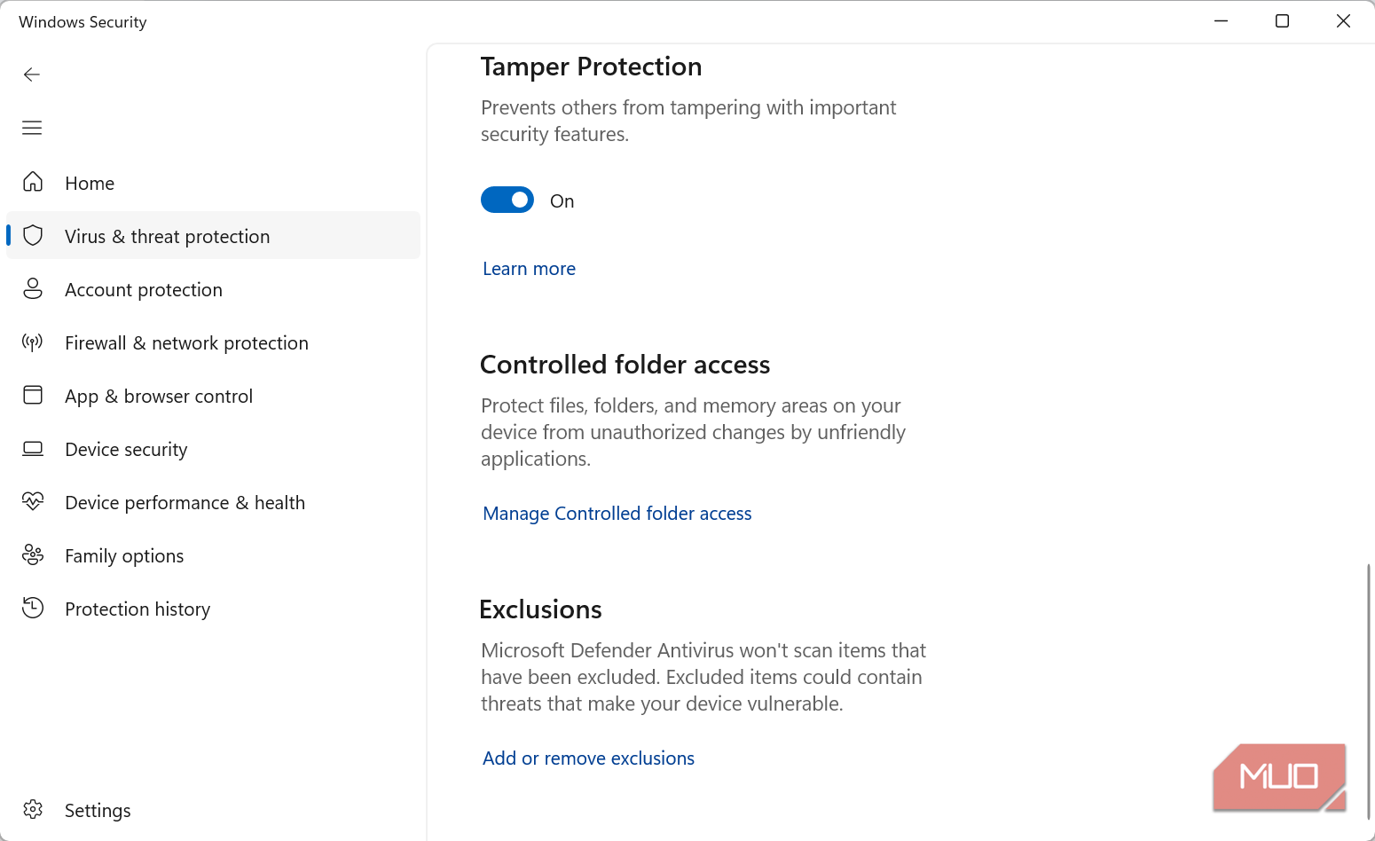 Windows Security Exclusion option
