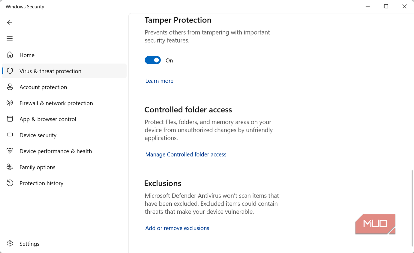 Windows Security Exclusion option
