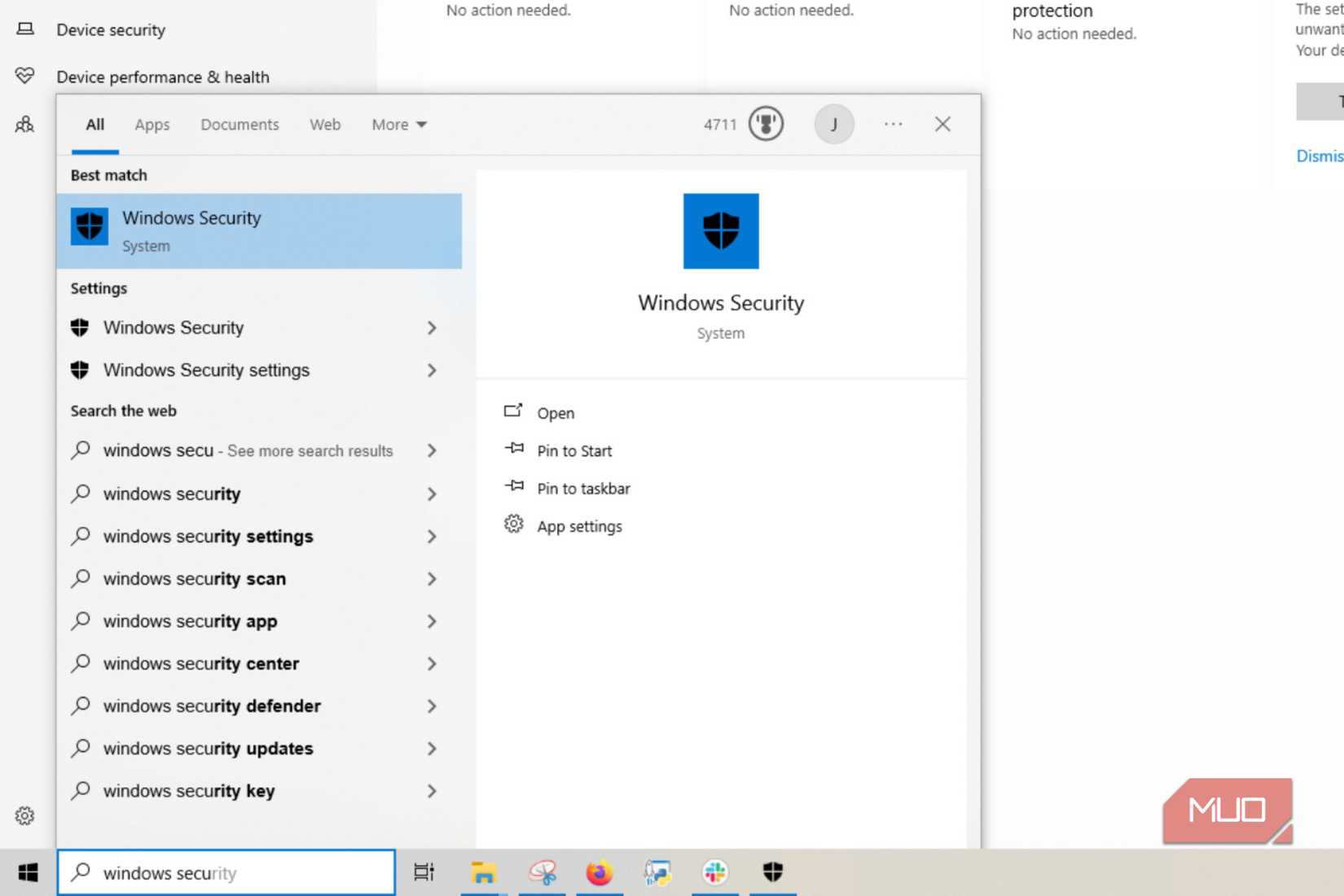 Windows Search showing security app.
