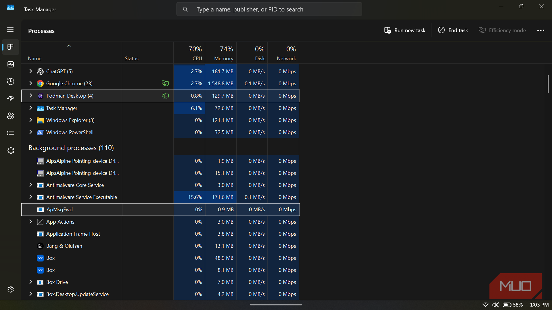 Windows Task Manager showing the Podman Desktop process.