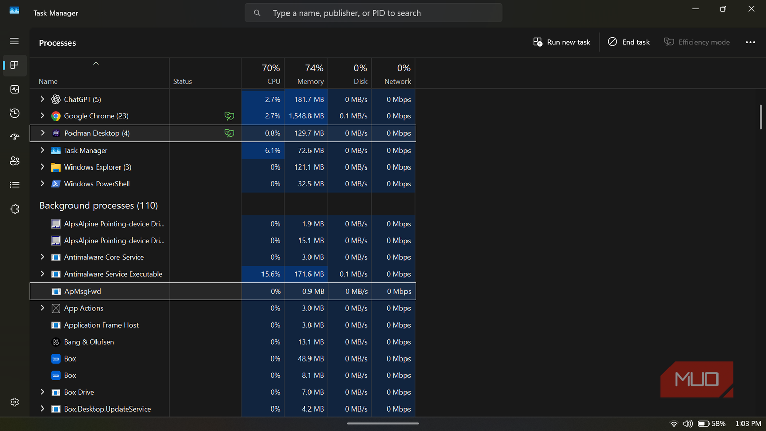 Windows Task Manager showing the Podman Desktop process.