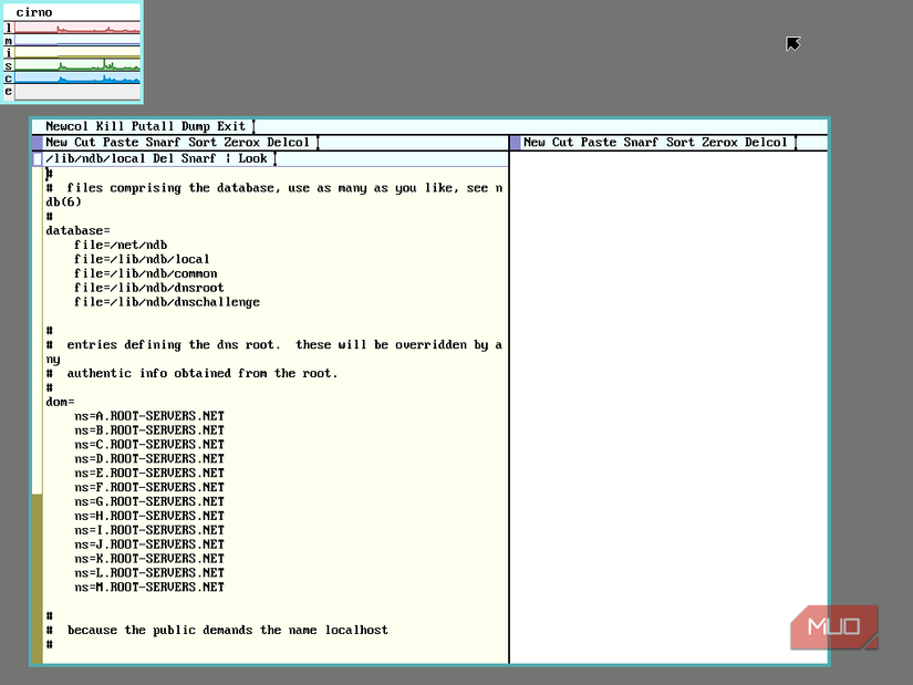 9front acme editor and nbd local file showing buttons