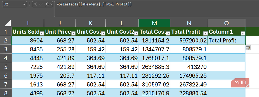 A formula in Excel's formula bar that returns the text lable from the top of a column.