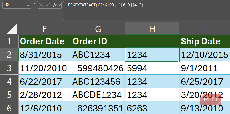 A REGEXEXTRACT formula in Excel's formula bar.