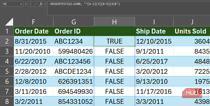 A REGEXTEST formula in Excel's formula bar.