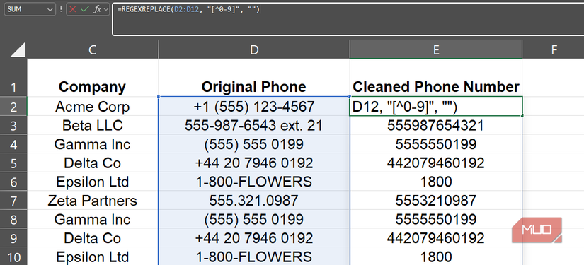 A REGEXTREPLACE formula in Excel's formula bar.