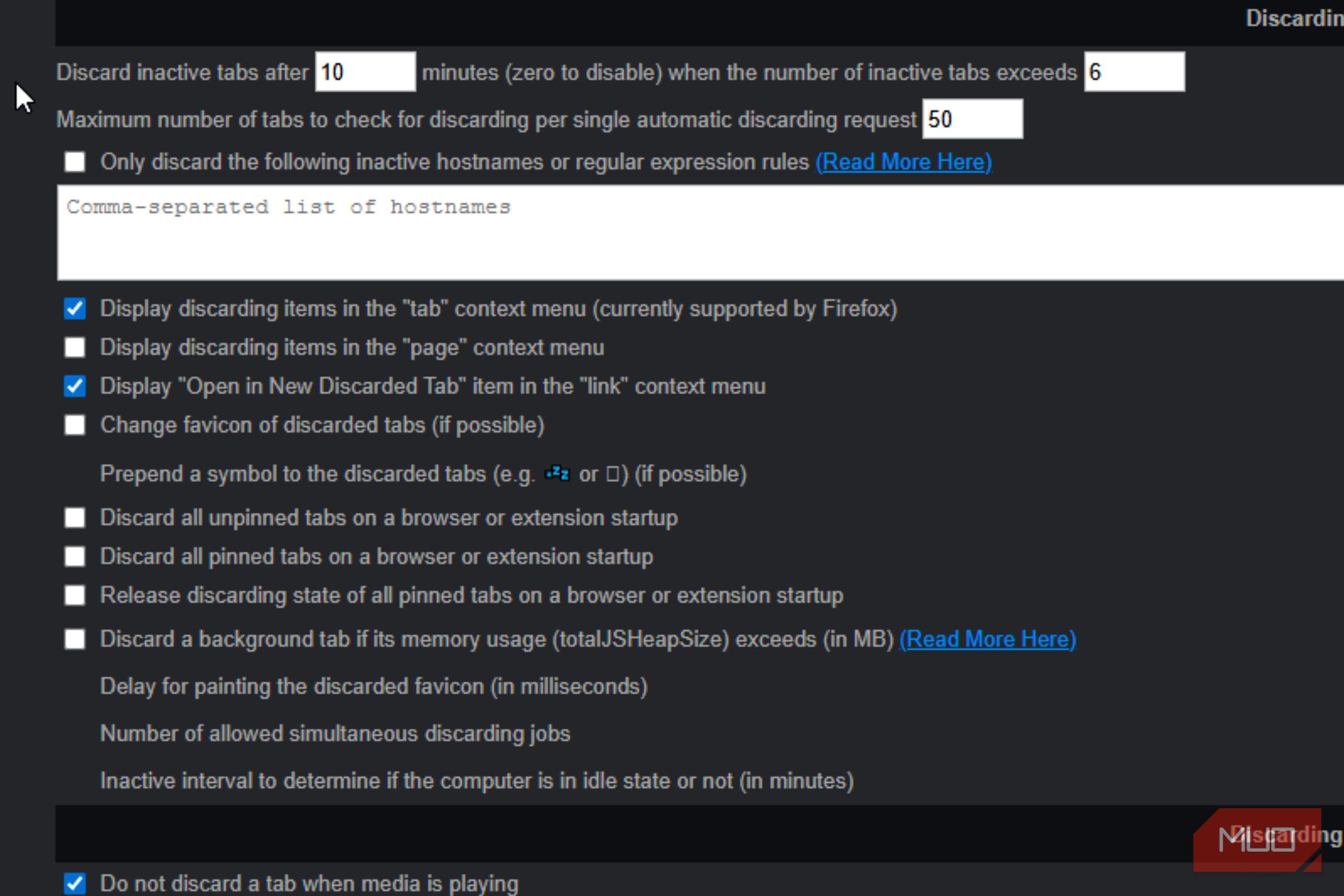 A zoom in on the settings for Auto Tab Discard