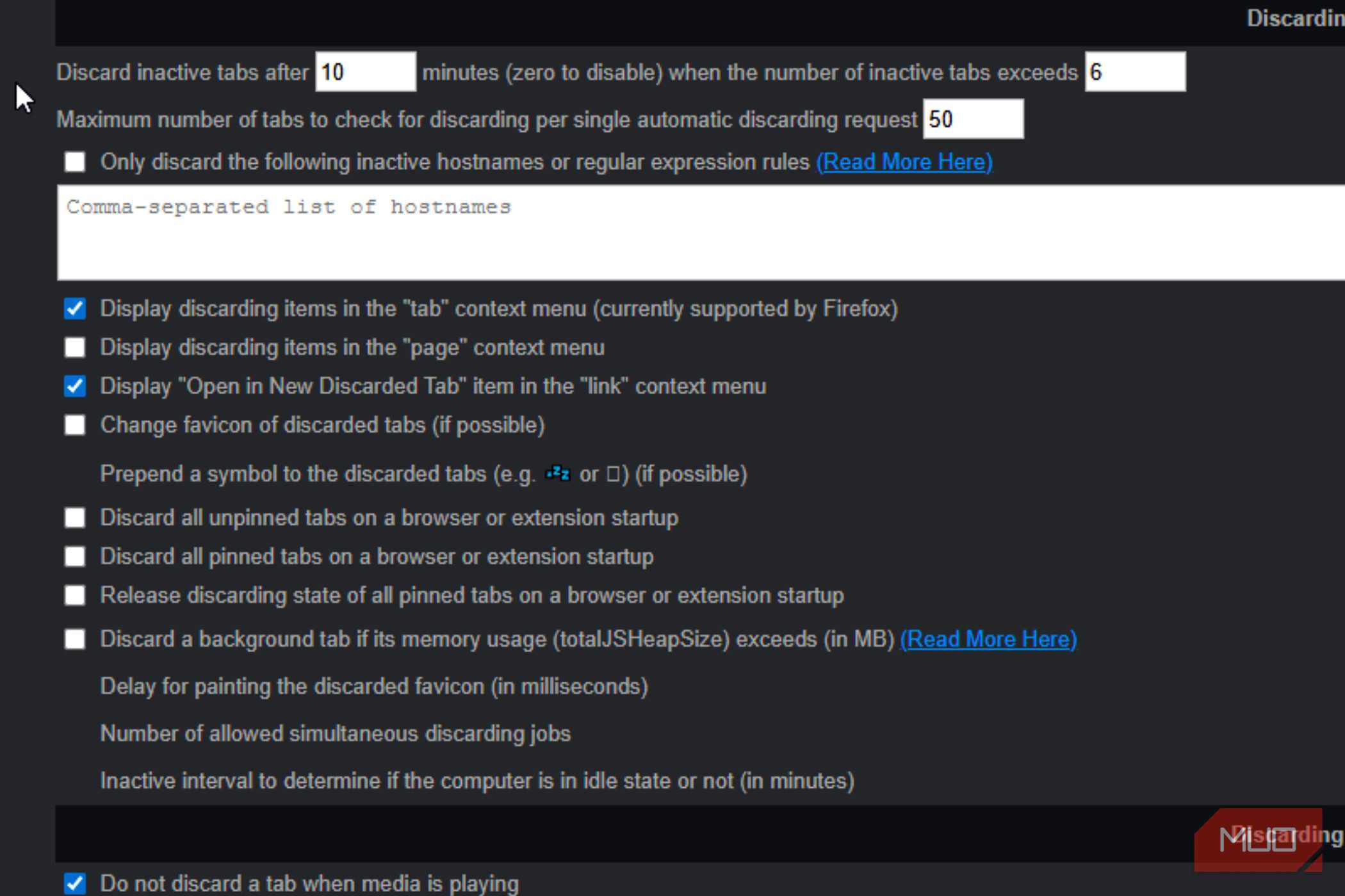A zoom in on the settings for Auto Tab Discard