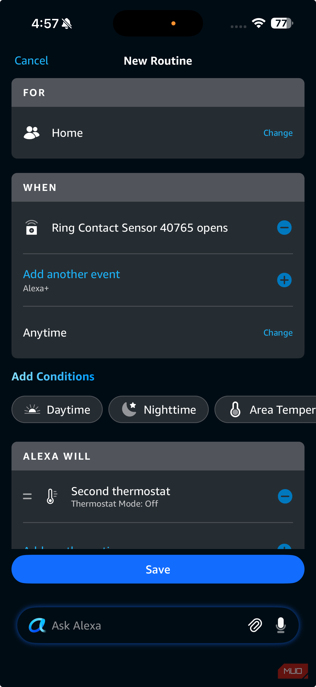 alexa app contact sensor thermostat routine