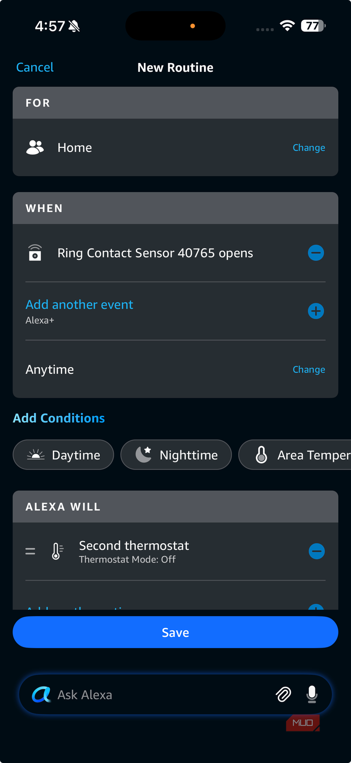 alexa app contact sensor thermostat routine