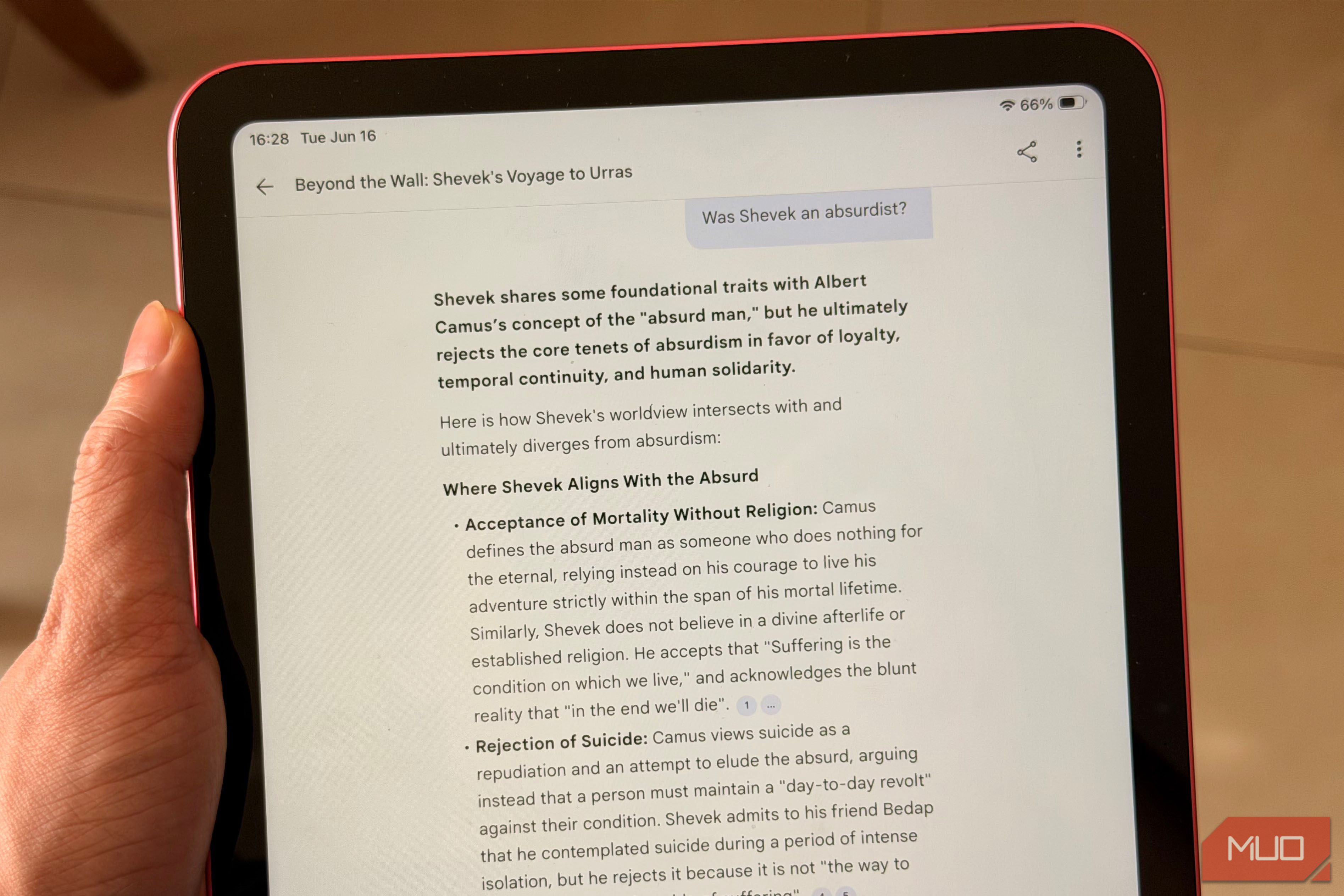An iPad showing NotebookLM answering a question from an EPUB source