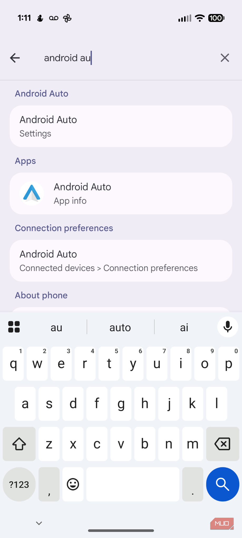 Screenshot of Android Auto settings.