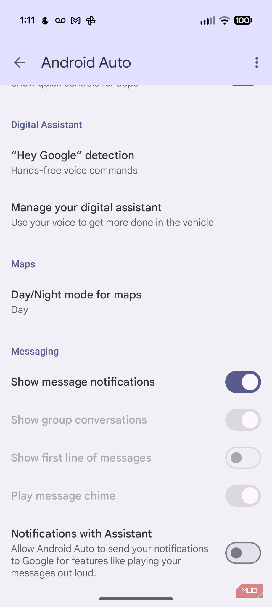 Screenshot of Android Auto settings.