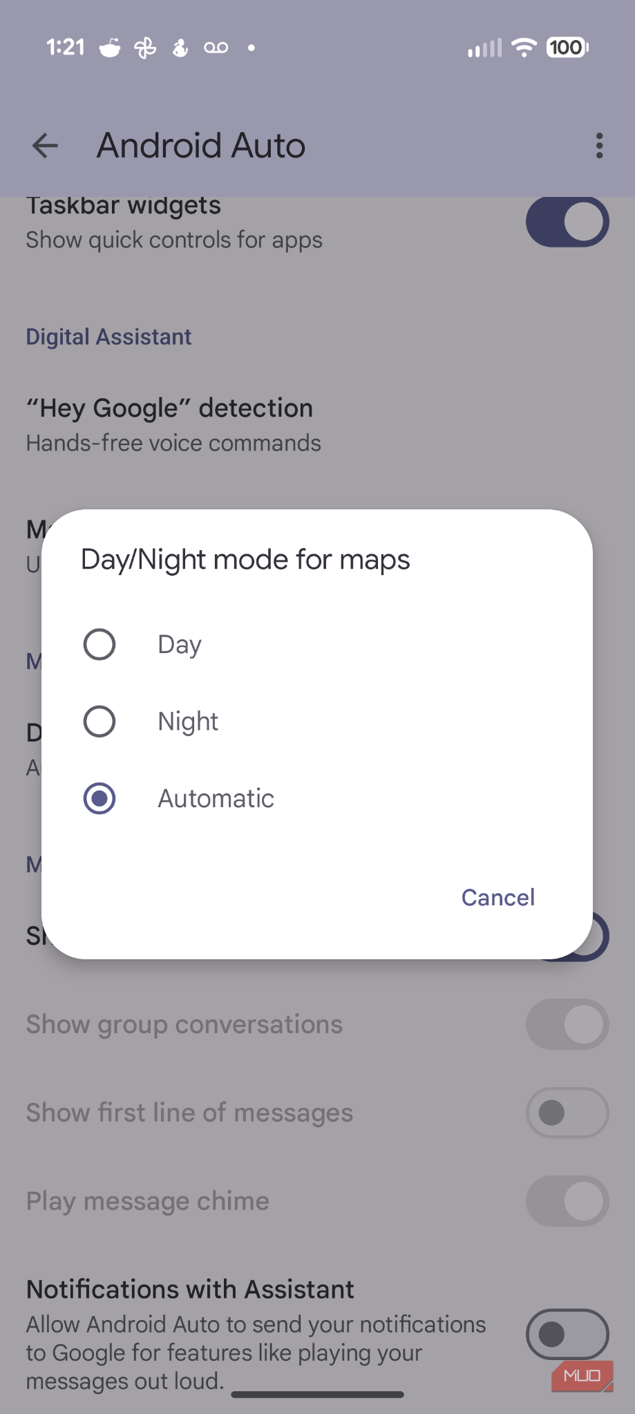 Screenshot of Android Auto settings.