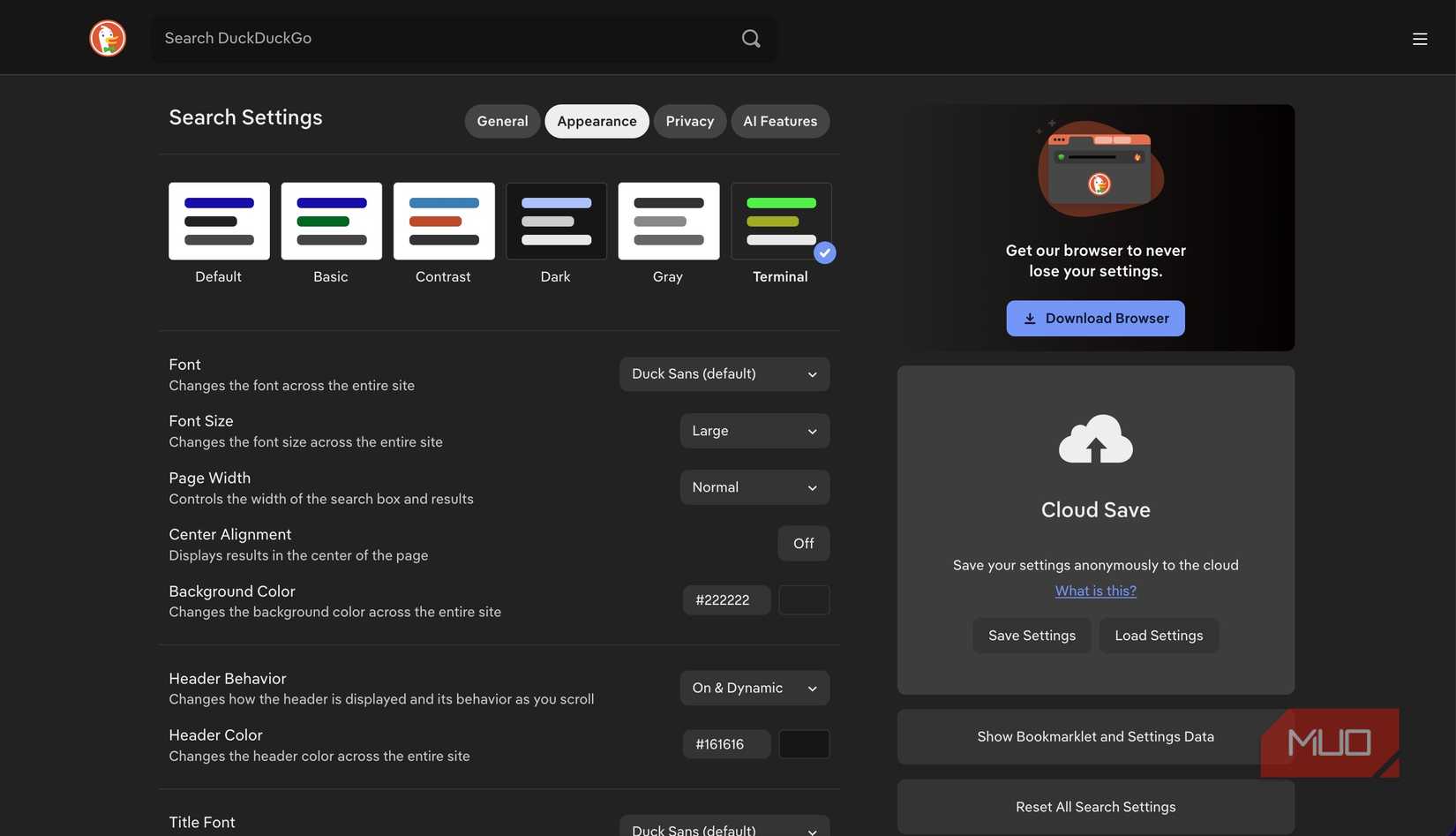 Appearance settings in DuckDuckGo