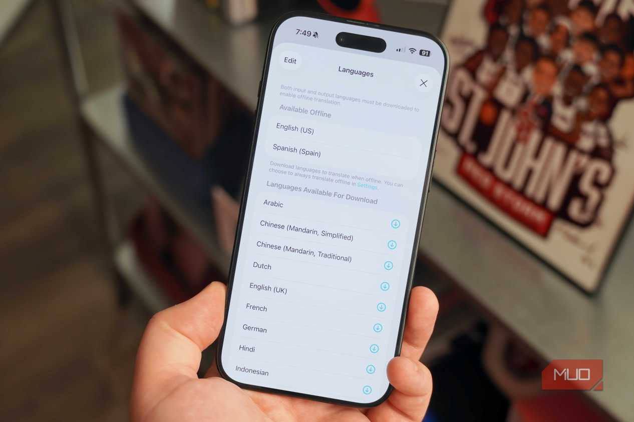Supported languages in the Translate app on an iPhone Air.