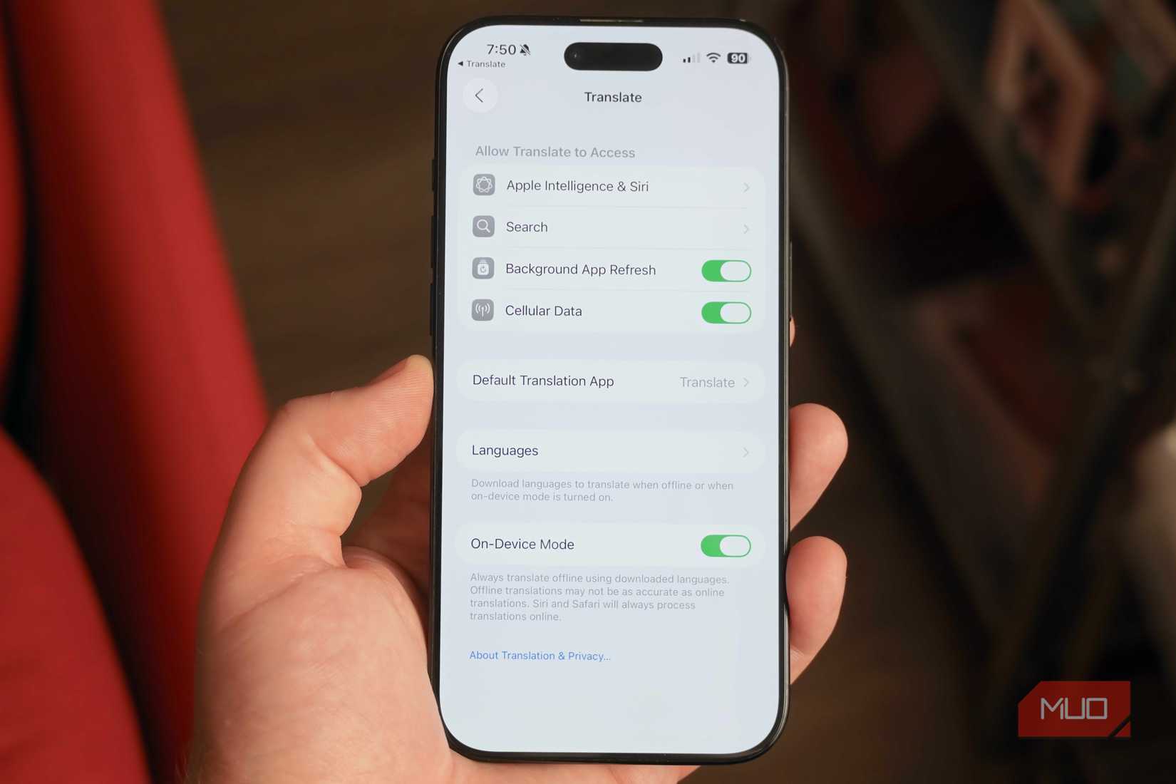 On-device mode in the Apple Translate app settings page.