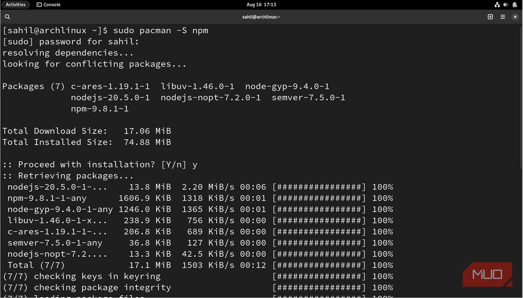 Arch Linux terminal commands to install npm.