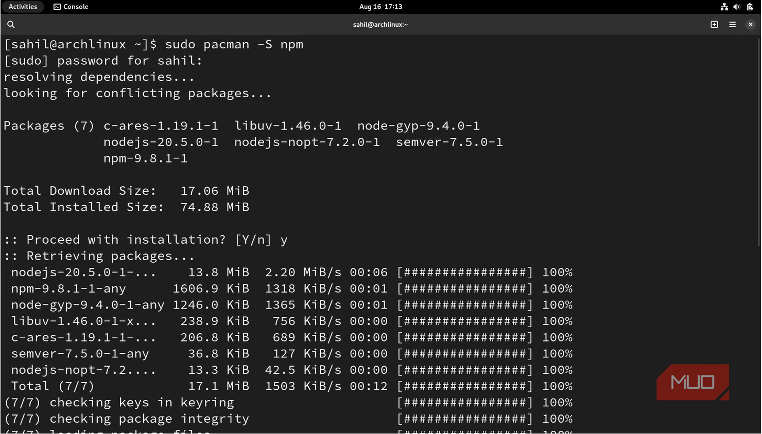 Arch Linux terminal commands to install npm.