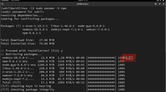 Arch Linux terminal commands to install npm.