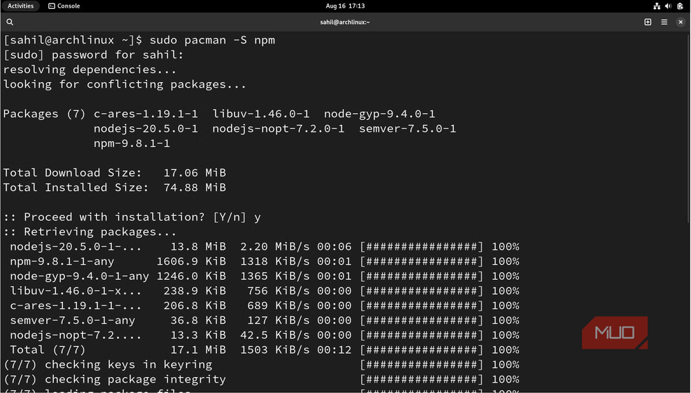 Installing npm on Arch Linux