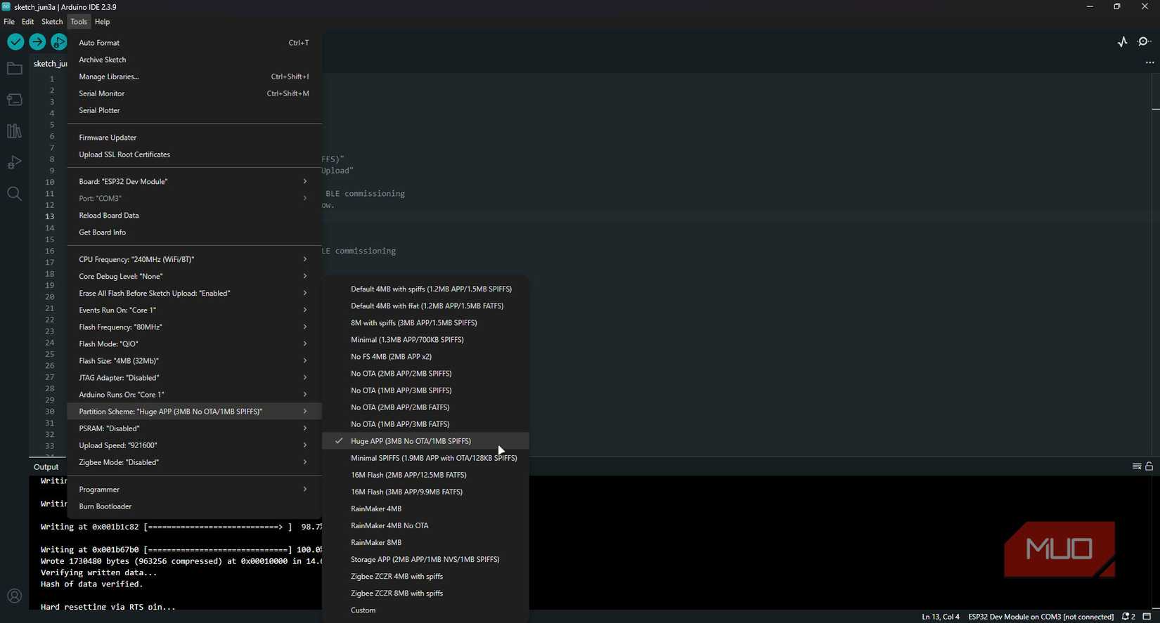 Arduinio IDE with partition settings.