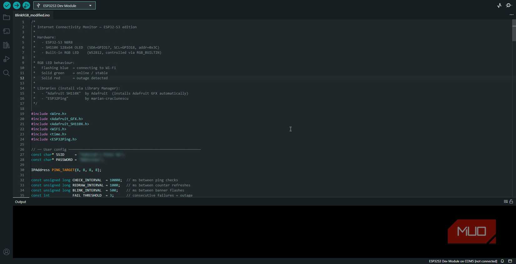 Arduino IDE with ESP32 internet monitor code.