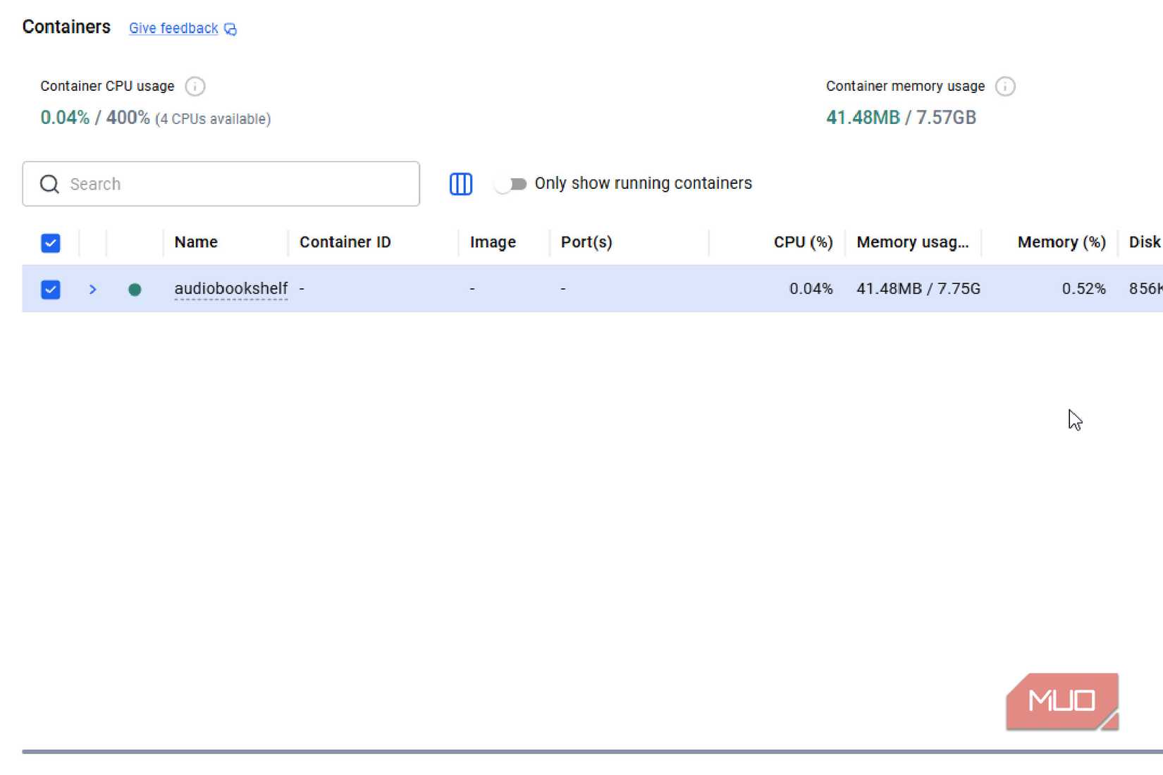 Audiobookshelf running on Docker