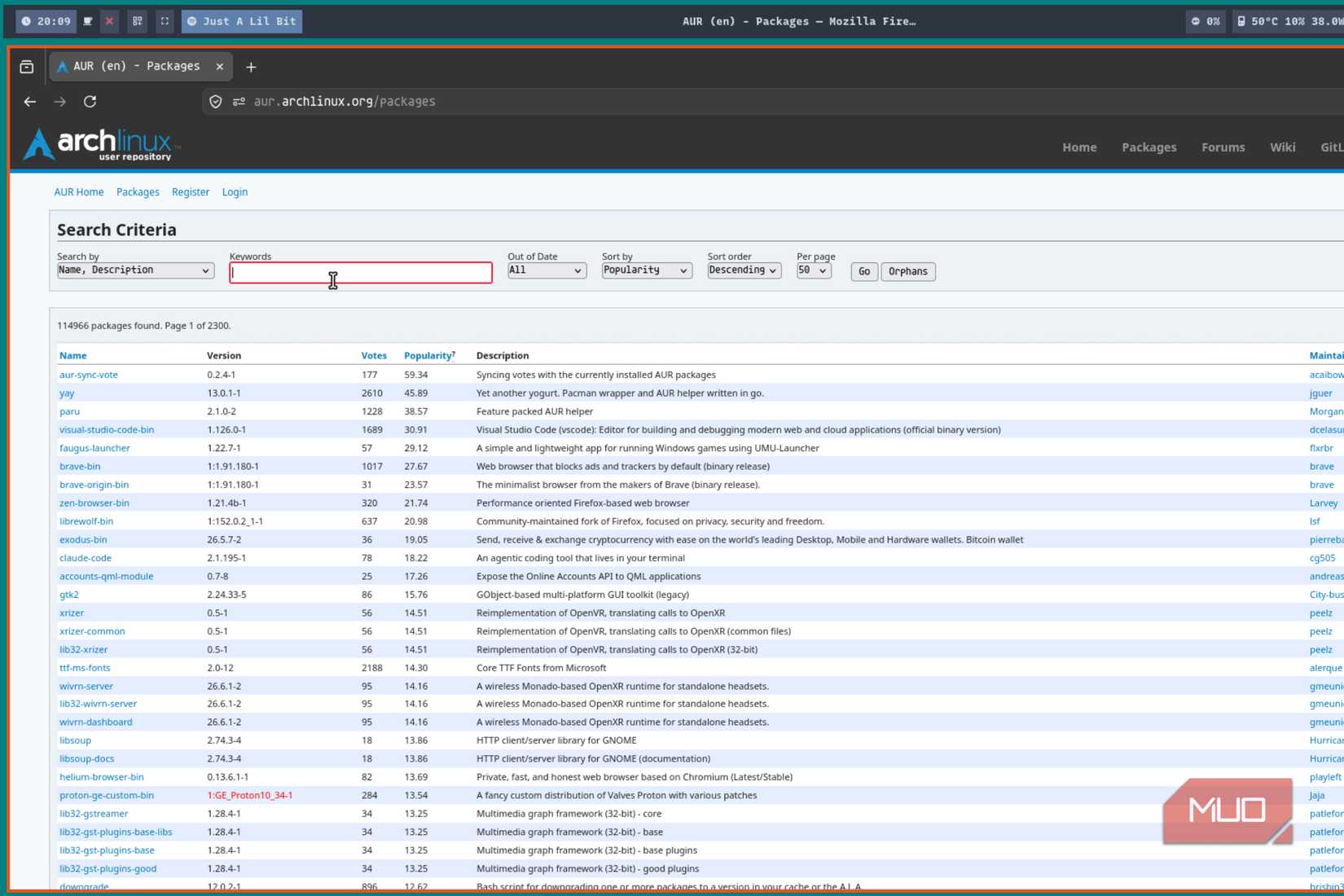 Browsing AUR packages
