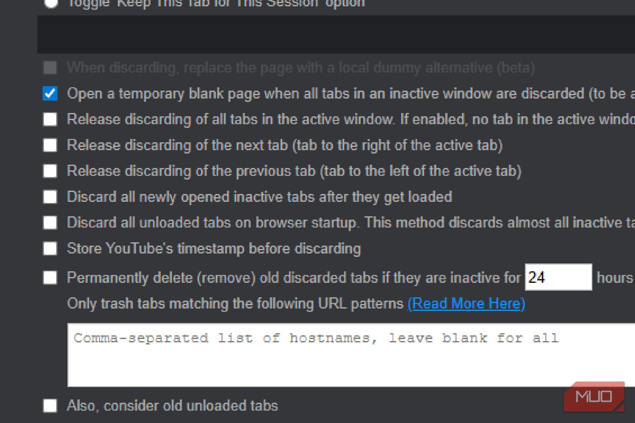 Auto tab Discard's options for when it is pressed