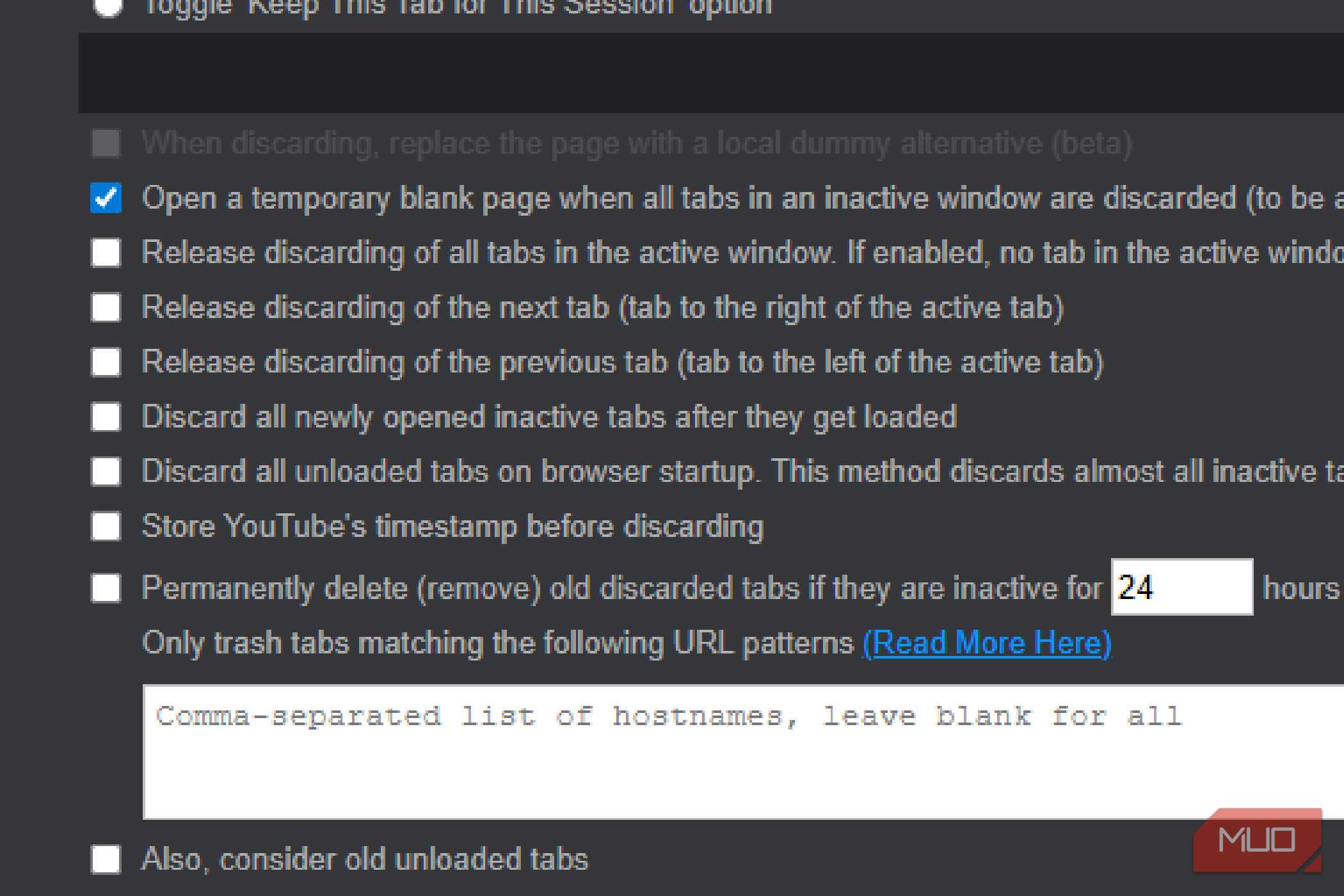 Auto tab Discard's options for when it is pressed