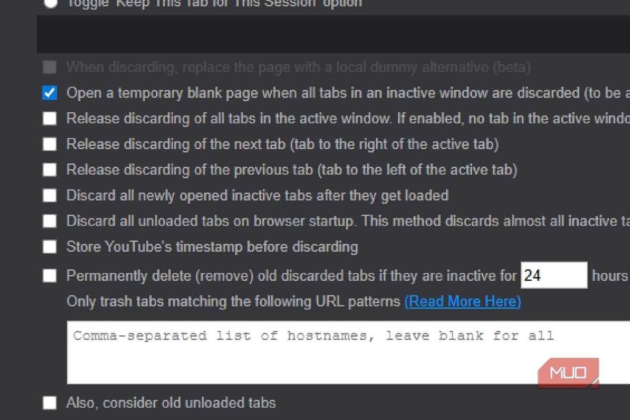 Auto tab Discard's options for when it is pressed