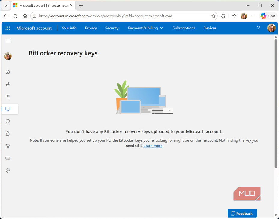 BitLocker recovery keys web page
