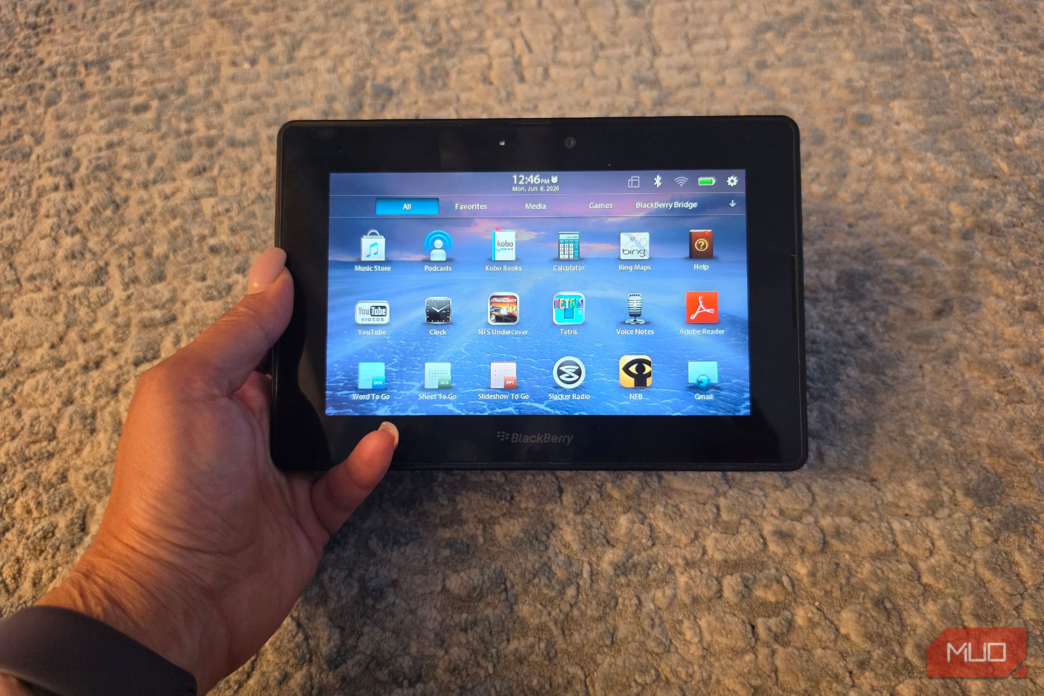 A BlackBerry PlayBook in hand.