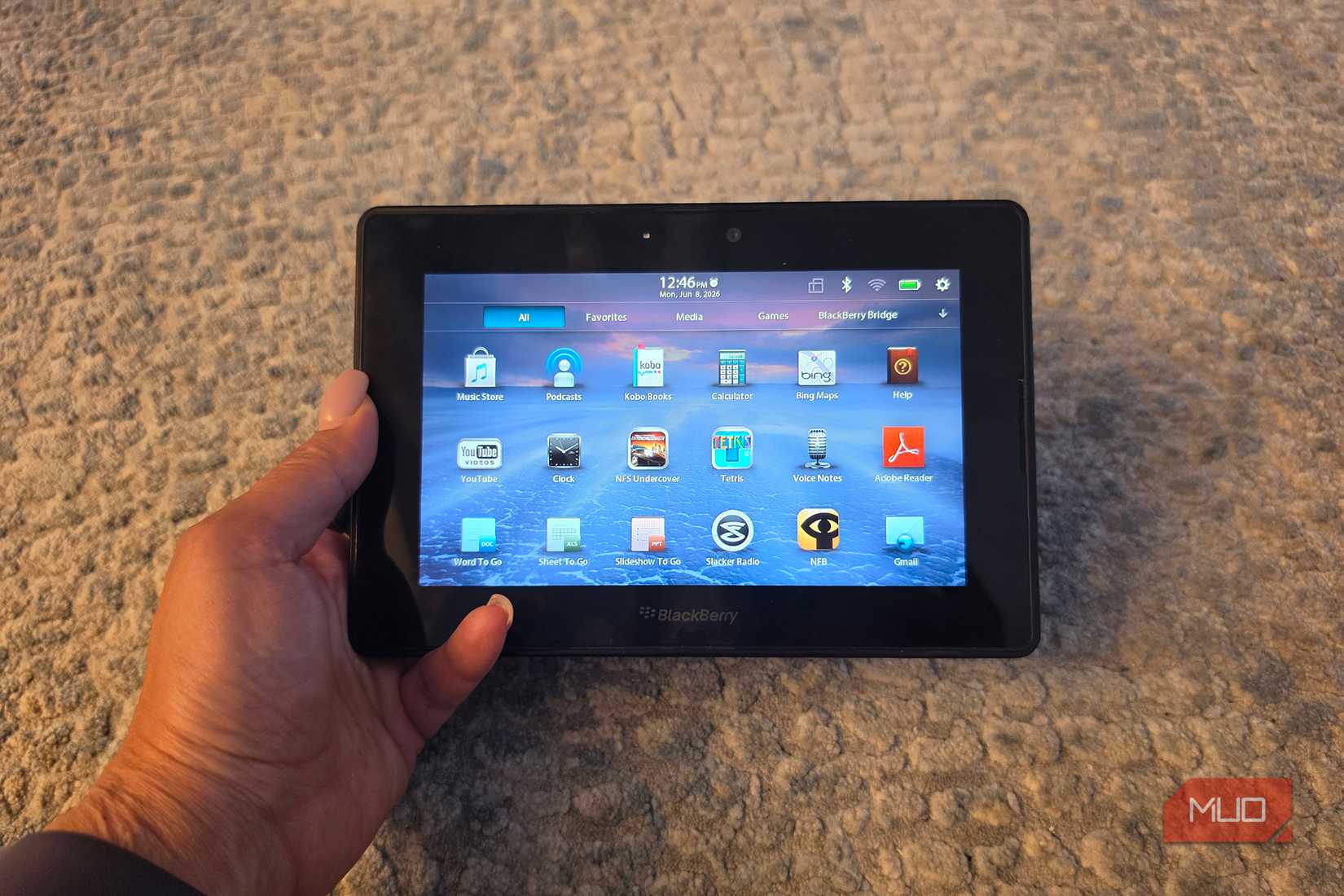 A BlackBerry PlayBook in hand.