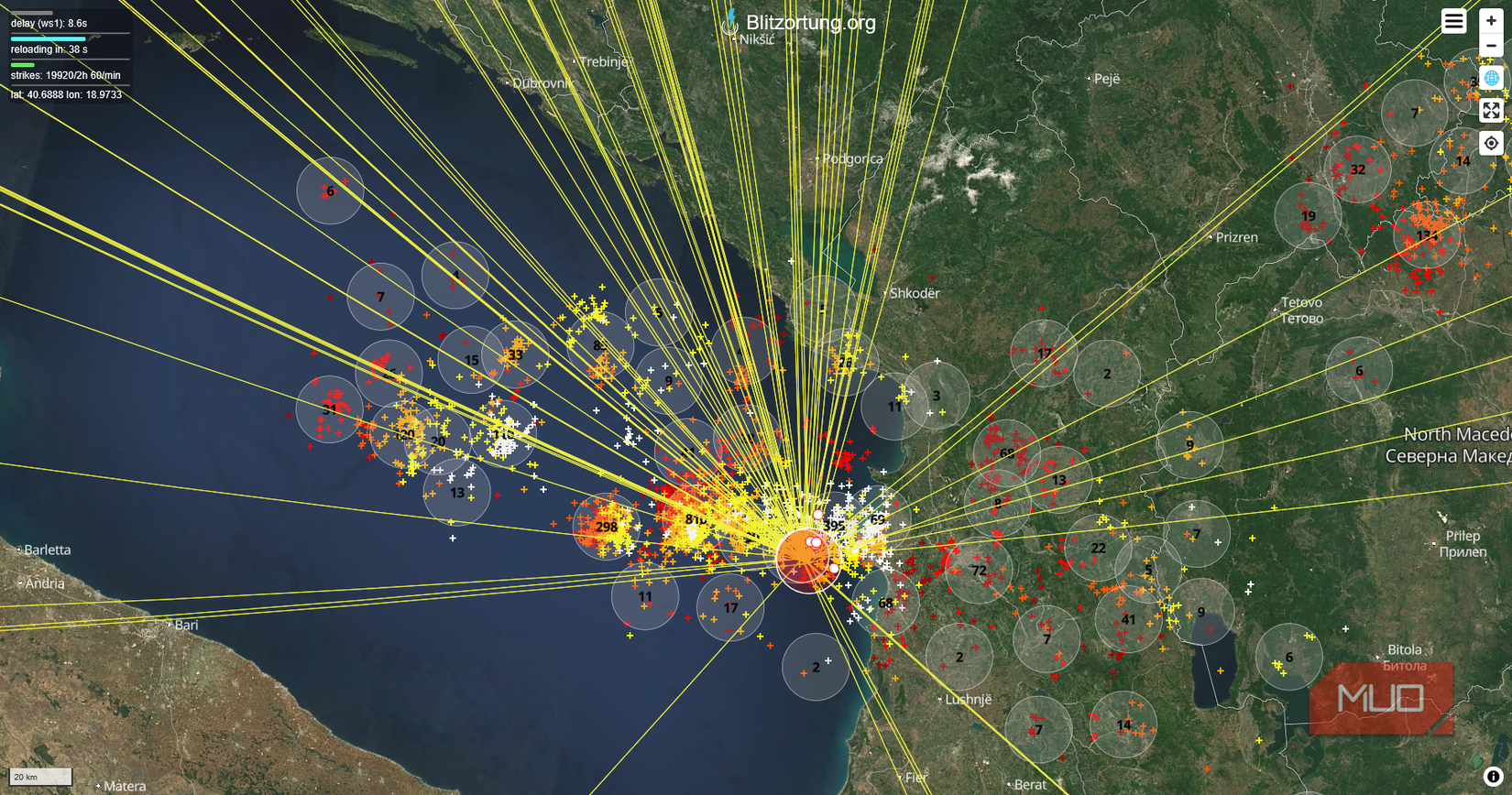 Blitzortung live map showing strike counts and station connectors Europe